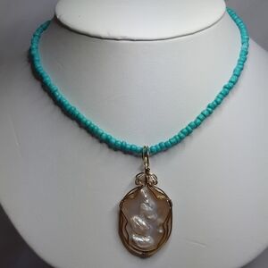 Stunning Wire Wrapped Genuine Pearl Pendant with Turquoise Glass Beads